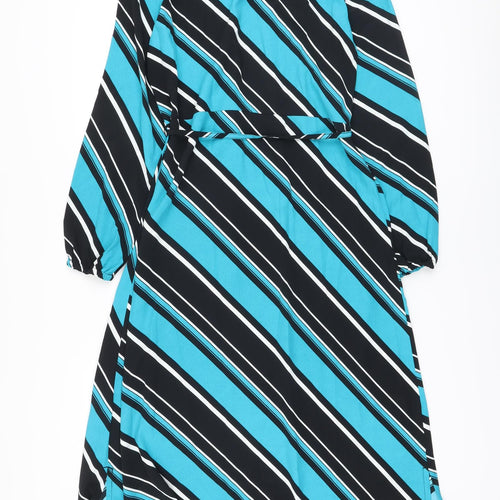 Marks and Spencer Womens Blue Striped Polyester A-Line Size 8 Mock Neck Button