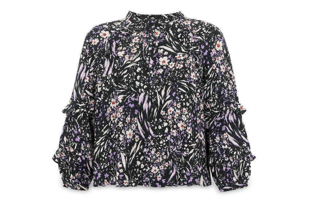 Front view of Marks & Spencer women’s black geometric viscose basic blouse, size UK 8, crew neck