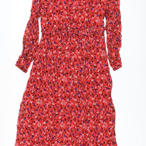 Marks and Spencer Womens Red Floral Viscose A-Line Size 10 Round Neck Tie