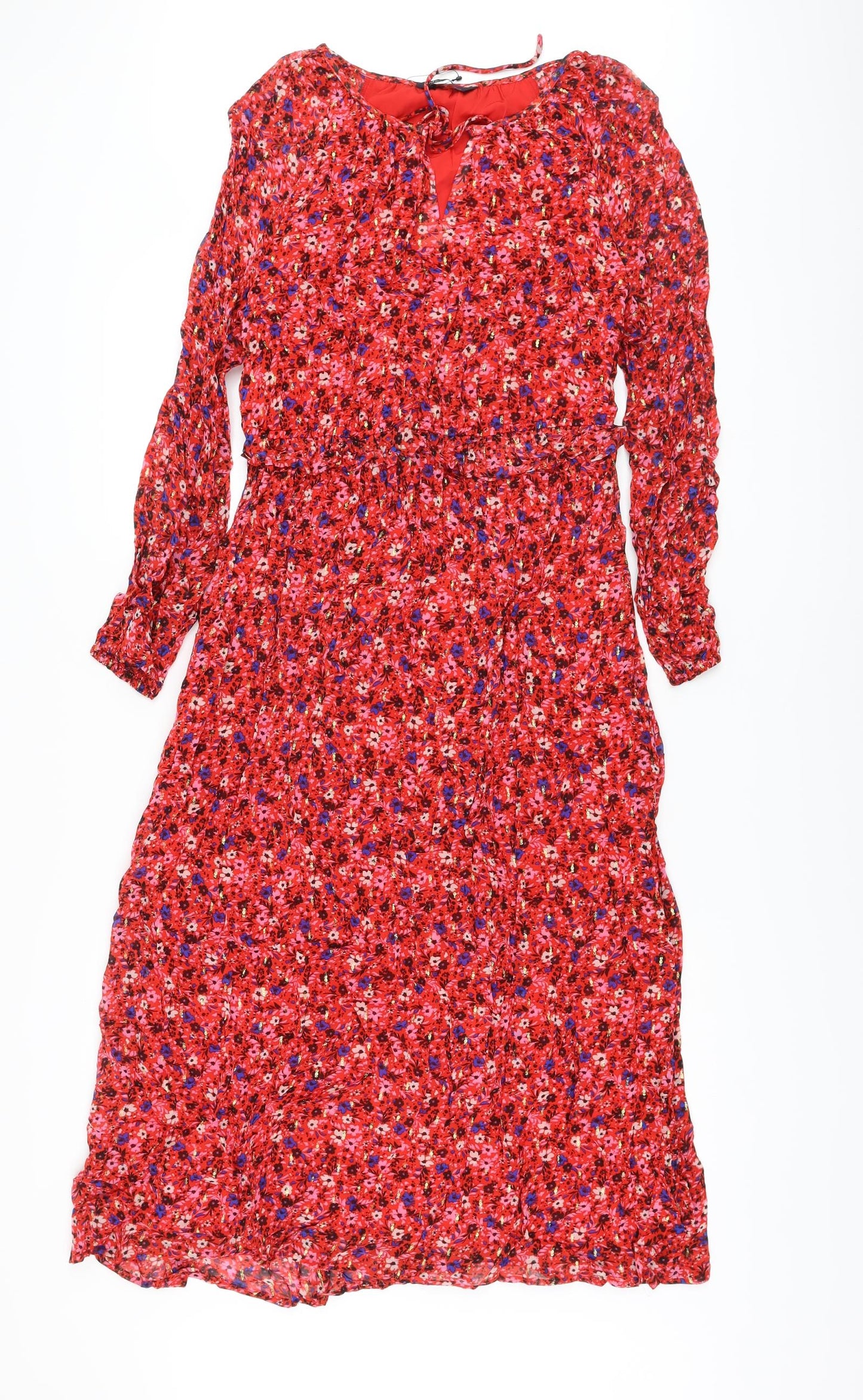 Marks and Spencer Womens Red Floral Viscose A-Line Size 10 Round Neck Tie