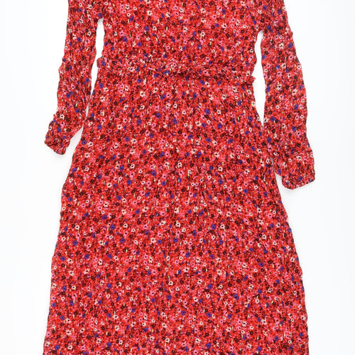 Marks and Spencer Womens Red Floral Viscose A-Line Size 10 Round Neck Tie