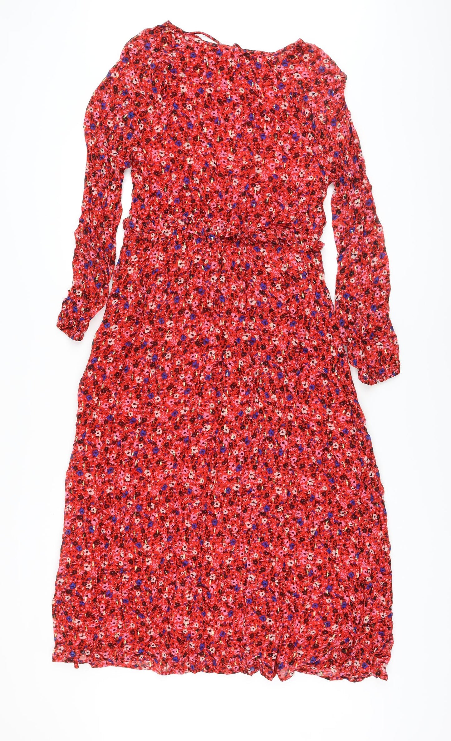Marks and Spencer Womens Red Floral Viscose A-Line Size 10 Round Neck Tie
