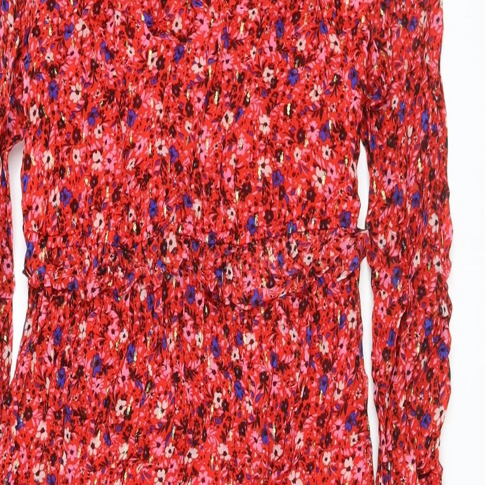 Marks and Spencer Womens Red Floral Viscose A-Line Size 10 Round Neck Tie