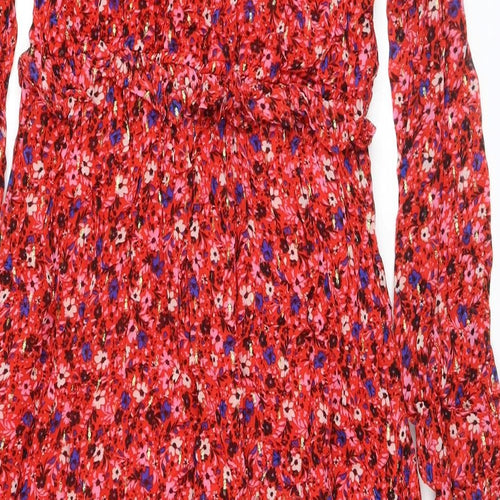 Marks and Spencer Womens Red Floral Viscose A-Line Size 10 Round Neck Tie