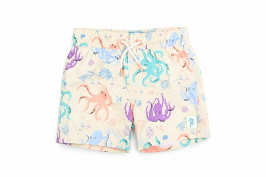 Front view of Marks & Spencer boys’ beige geometric polyester sweatpants, months drawstring - elasticated waist swim shorts