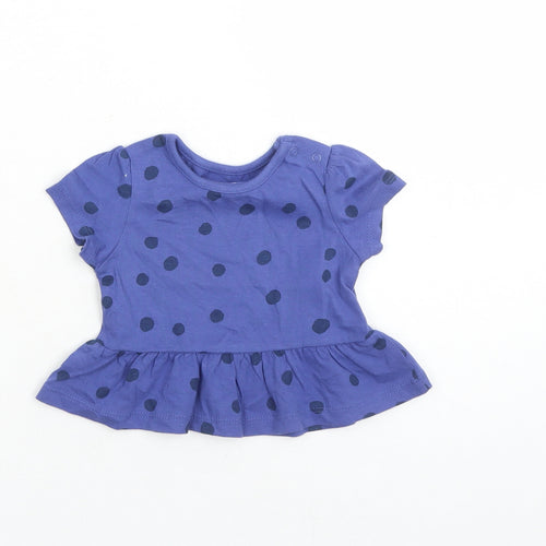 Marks and Spencer Girls Blue Polka Dot 100% Cotton Basic T-Shirt Size 0-3 Months Round Neck Snap