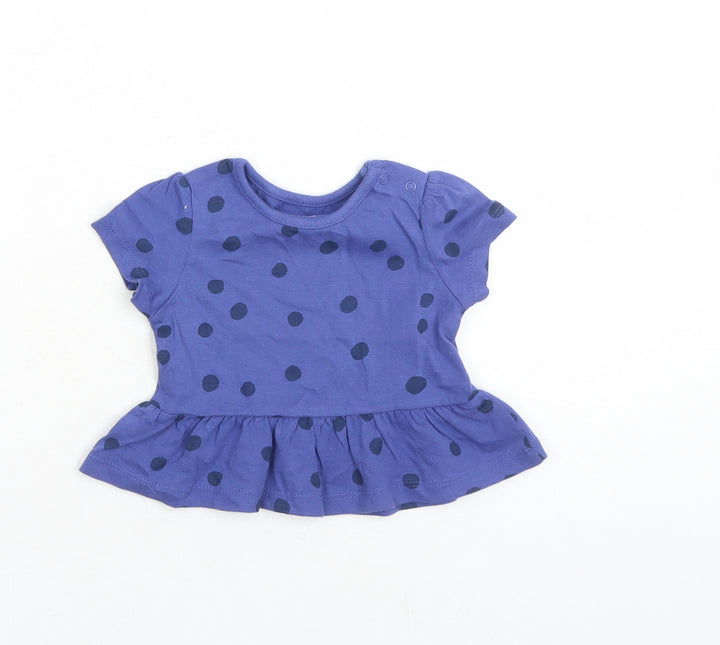 Marks and Spencer Girls Blue Polka Dot 100% Cotton Basic T-Shirt Size 0-3 Months Round Neck Snap