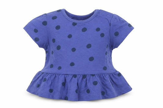 Front view of Marks & Spencer girls’ blue polka dot 100% cotton basic t-shirt, size 0-3, months round neck snap