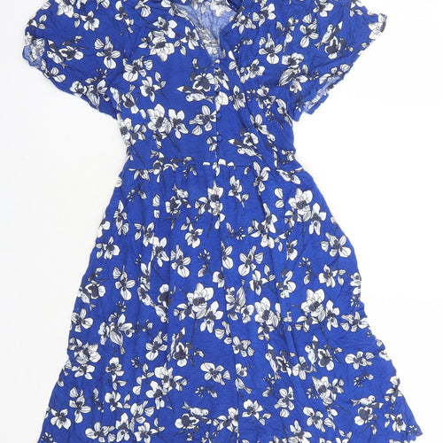 French Connection Womens Blue Floral Polyester A-Line Size 10 V-Neck Pullover