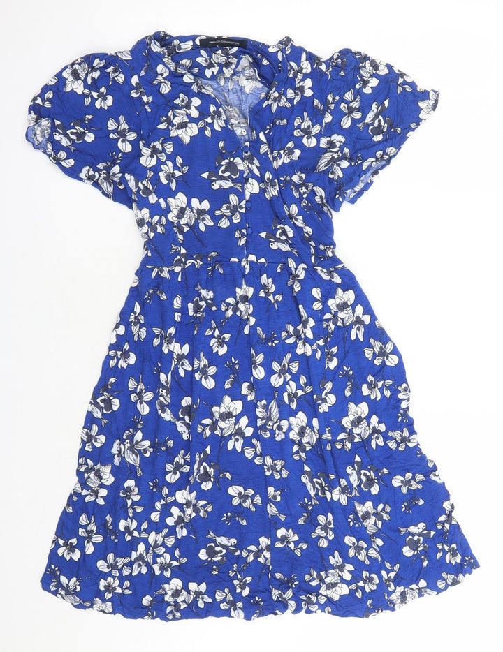 French Connection Womens Blue Floral Polyester A-Line Size 10 V-Neck Pullover