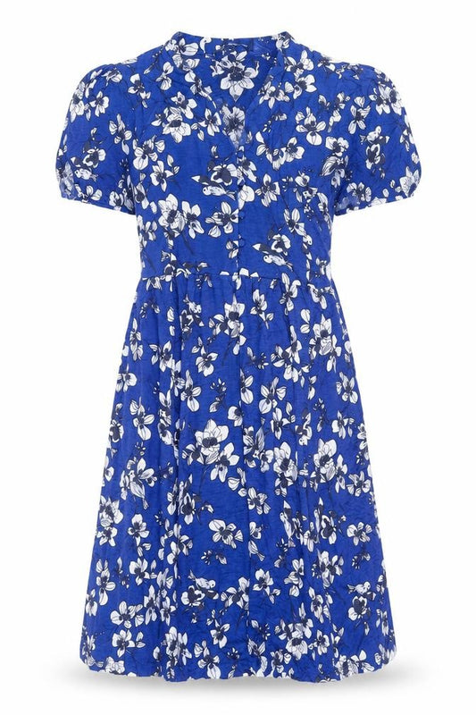 Front view of French Connection women’s blue floral polyester a-line, size UK 10, v-neck pullover