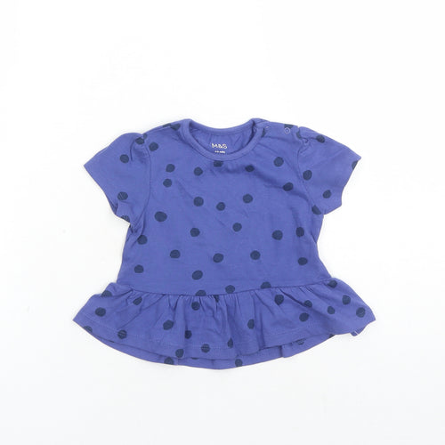 Marks and Spencer Girls Blue Polka Dot 100% Cotton Basic Blouse Size 6-9 Months Round Neck Snap