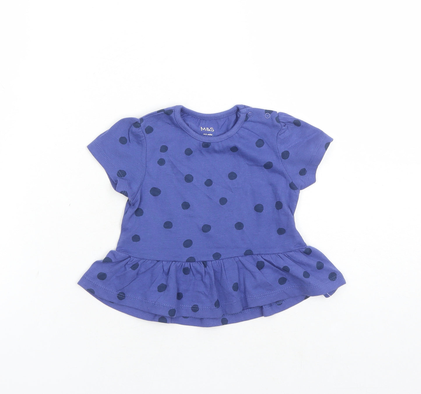 Marks and Spencer Girls Blue Polka Dot 100% Cotton Basic Blouse Size 6-9 Months Round Neck Snap