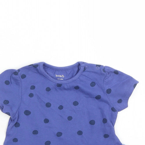 Marks and Spencer Girls Blue Polka Dot 100% Cotton Basic Blouse Size 6-9 Months Round Neck Snap