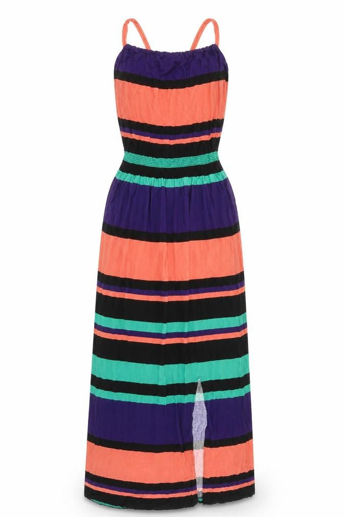 Front view of Next women’s multicoloured striped viscose maxi, size UK 8, round neck pullover - side split detail