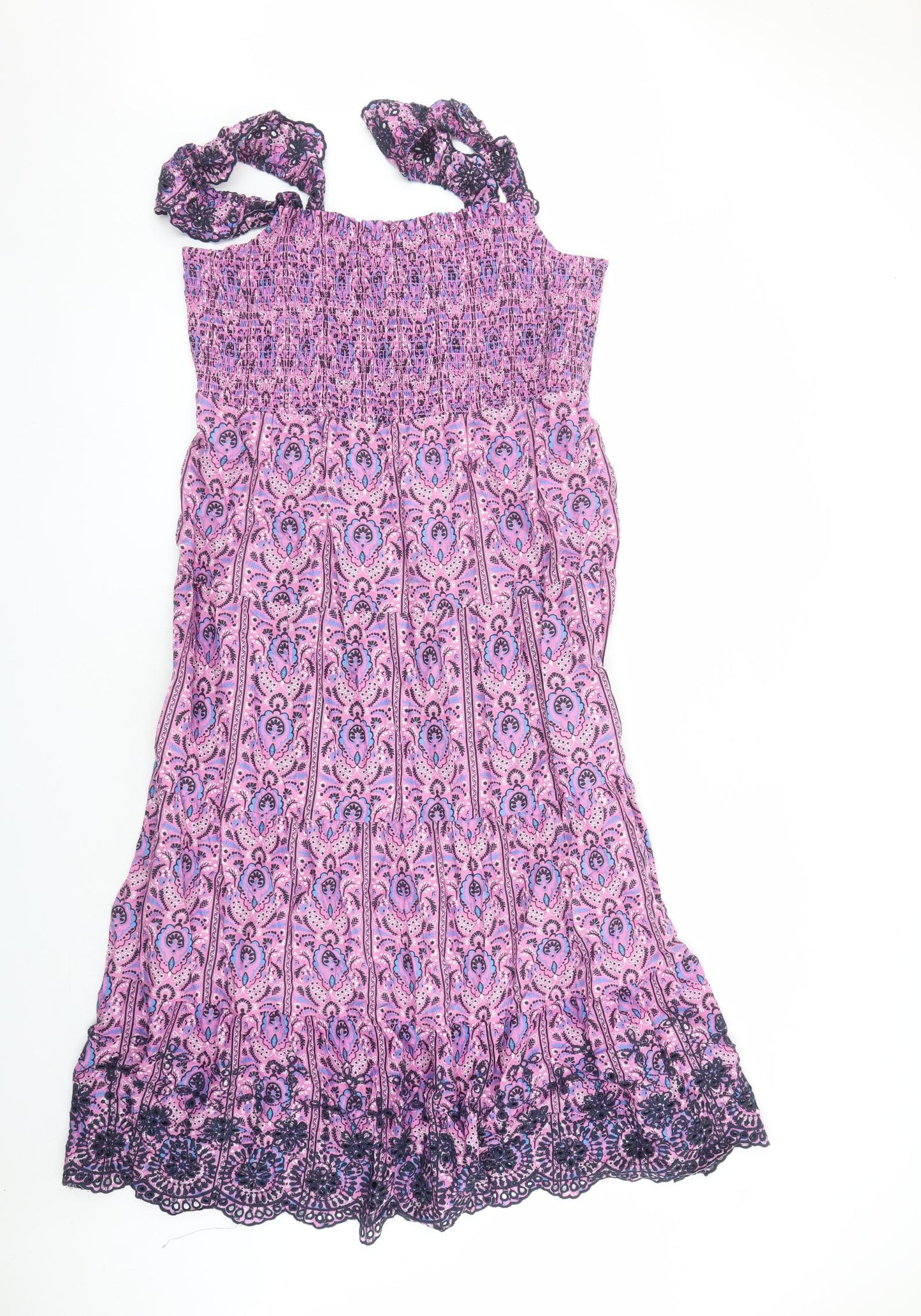 Marks and Spencer Womens Pink Geometric 100% Cotton Tank Dress Size 16 Square Neck Pullover - em