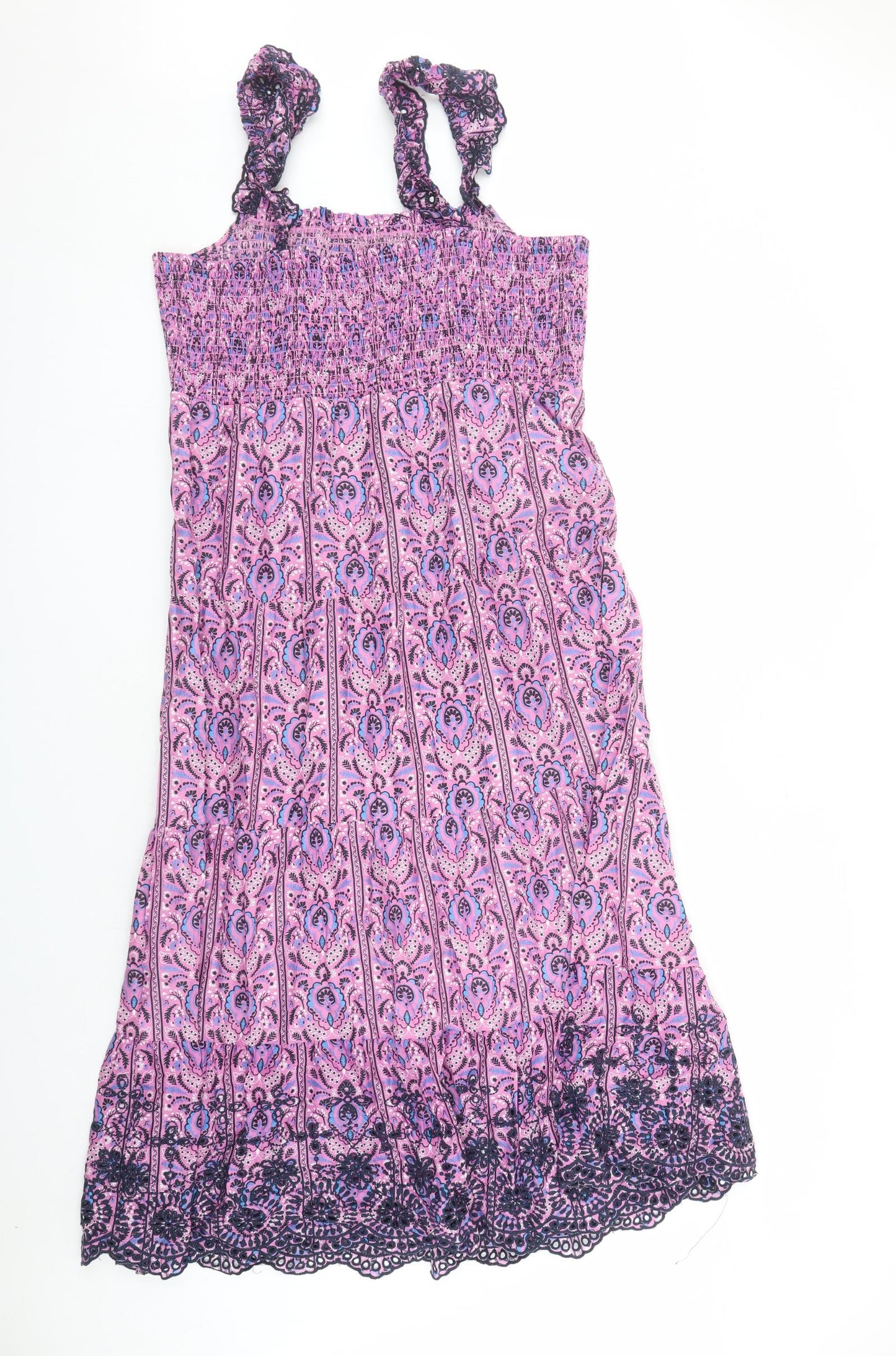 Marks and Spencer Womens Pink Geometric 100% Cotton Tank Dress Size 16 Square Neck Pullover - em