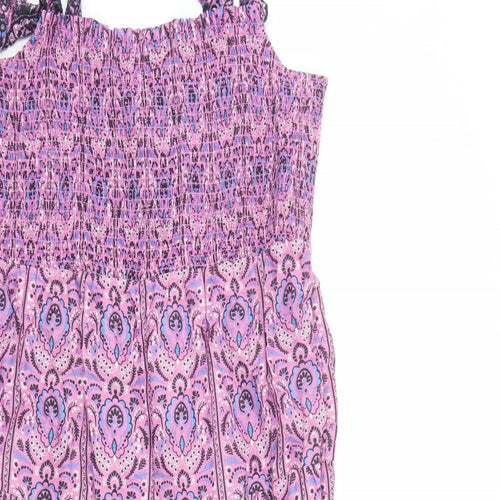 Marks and Spencer Womens Pink Geometric 100% Cotton Tank Dress Size 16 Square Neck Pullover - em