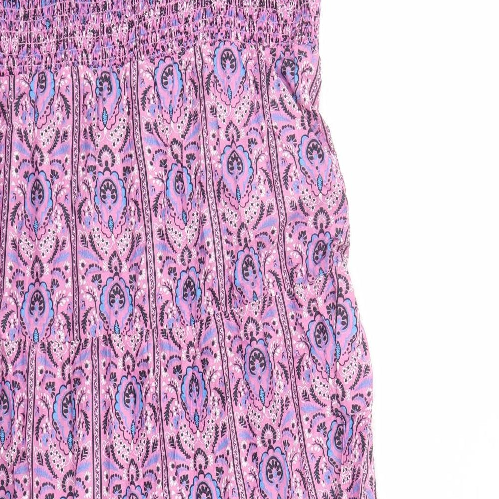 Marks and Spencer Womens Pink Geometric 100% Cotton Tank Dress Size 16 Square Neck Pullover - em