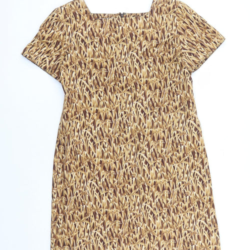Evan Picone Womens Brown Geometric Cotton A-Line Size 14 Square Neck Zip