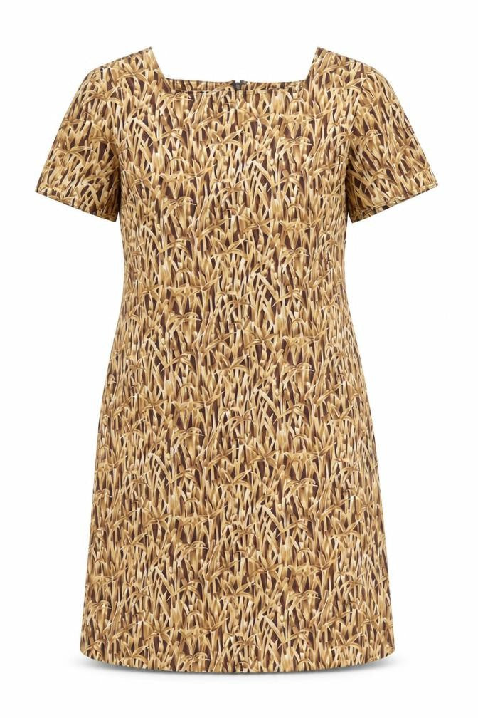 Evan Picone Womens Brown Geometric Cotton A-Line Size 14 Square Neck Zip