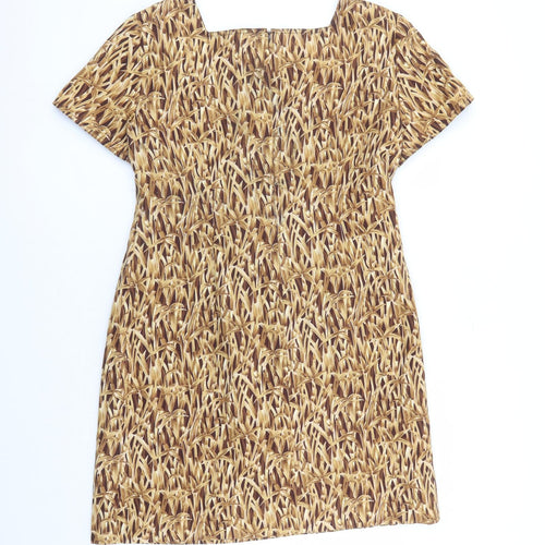 Evan Picone Womens Brown Geometric Cotton A-Line Size 14 Square Neck Zip