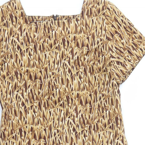 Evan Picone Womens Brown Geometric Cotton A-Line Size 14 Square Neck Zip