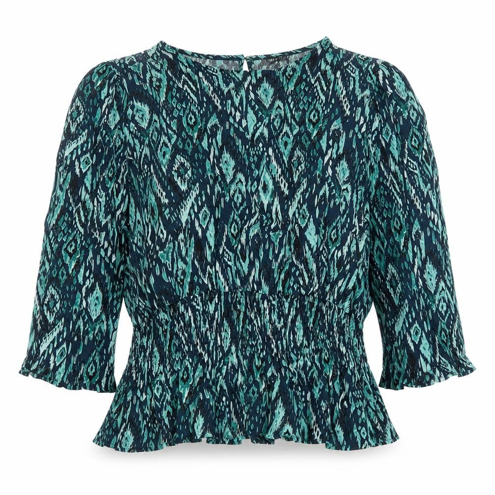 Front view of Dusk women’s green geometric viscose basic blouse, size UK 18, round neck