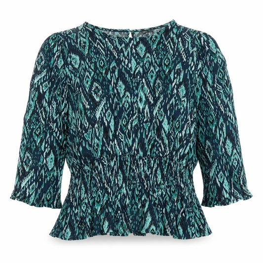 Front view of Dusk women’s green geometric viscose basic blouse, size UK 18, round neck