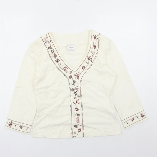 NEXT Womens Ivory Cotton Basic Blouse Size 12 V-Neck - Beaded Detail