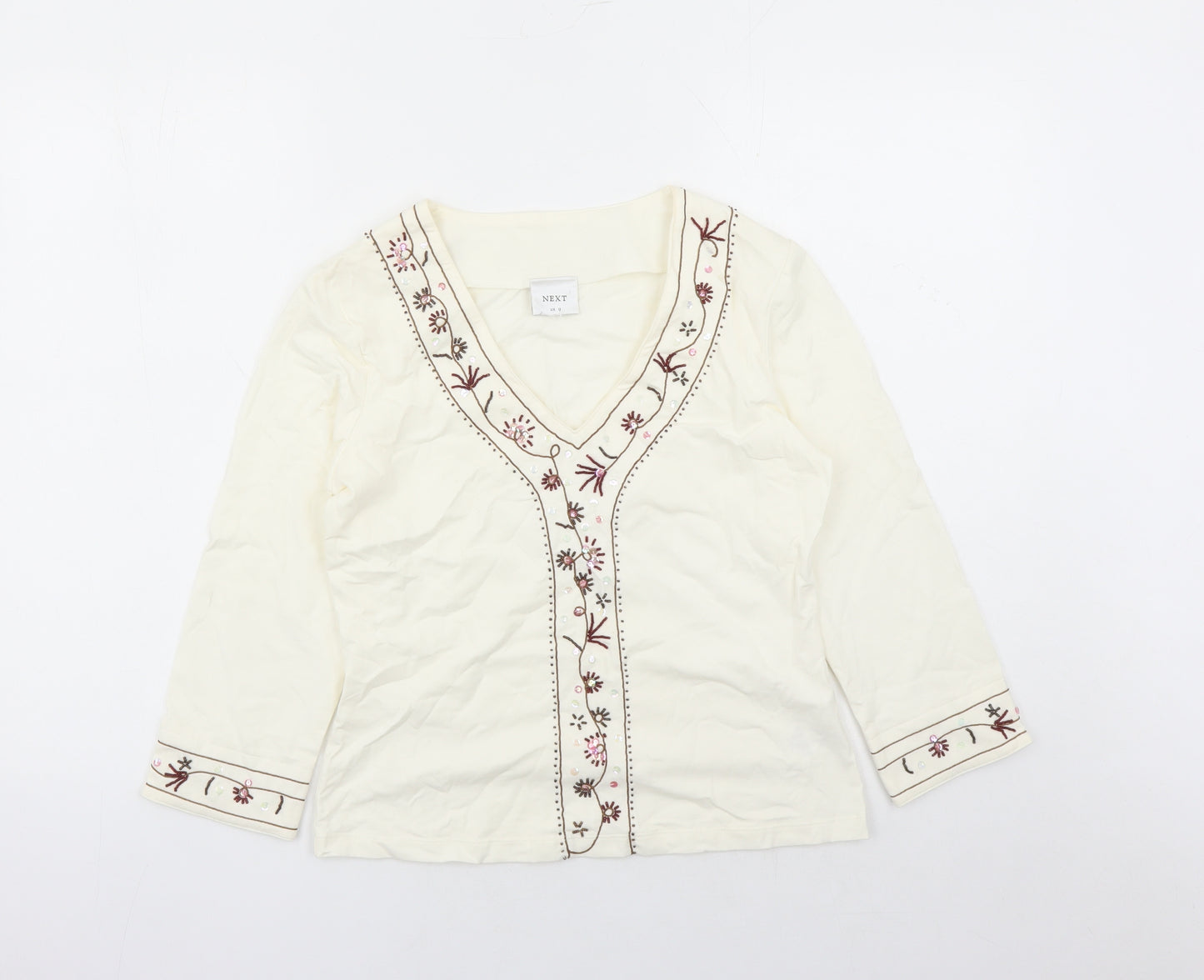 NEXT Womens Ivory Cotton Basic Blouse Size 12 V-Neck - Beaded Detail