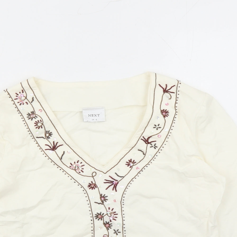 NEXT Womens Ivory Cotton Basic Blouse Size 12 V-Neck - Beaded Detail