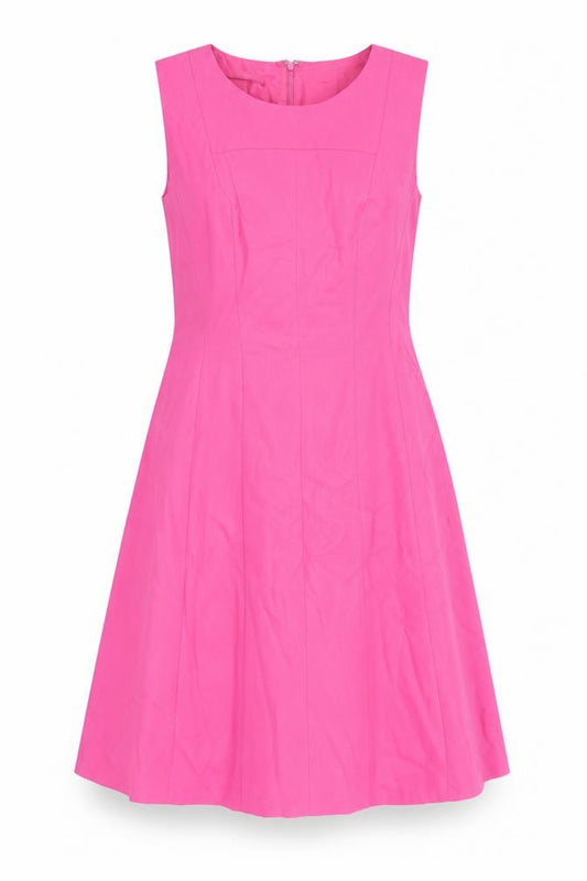 Front view of Kasper women’s pink polyester fit & flare, size UK 6, round neck zip