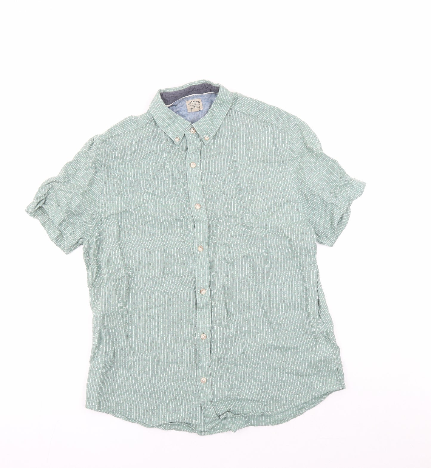 NEXT Mens Green Geometric Linen Button-Up Size L Collared Button