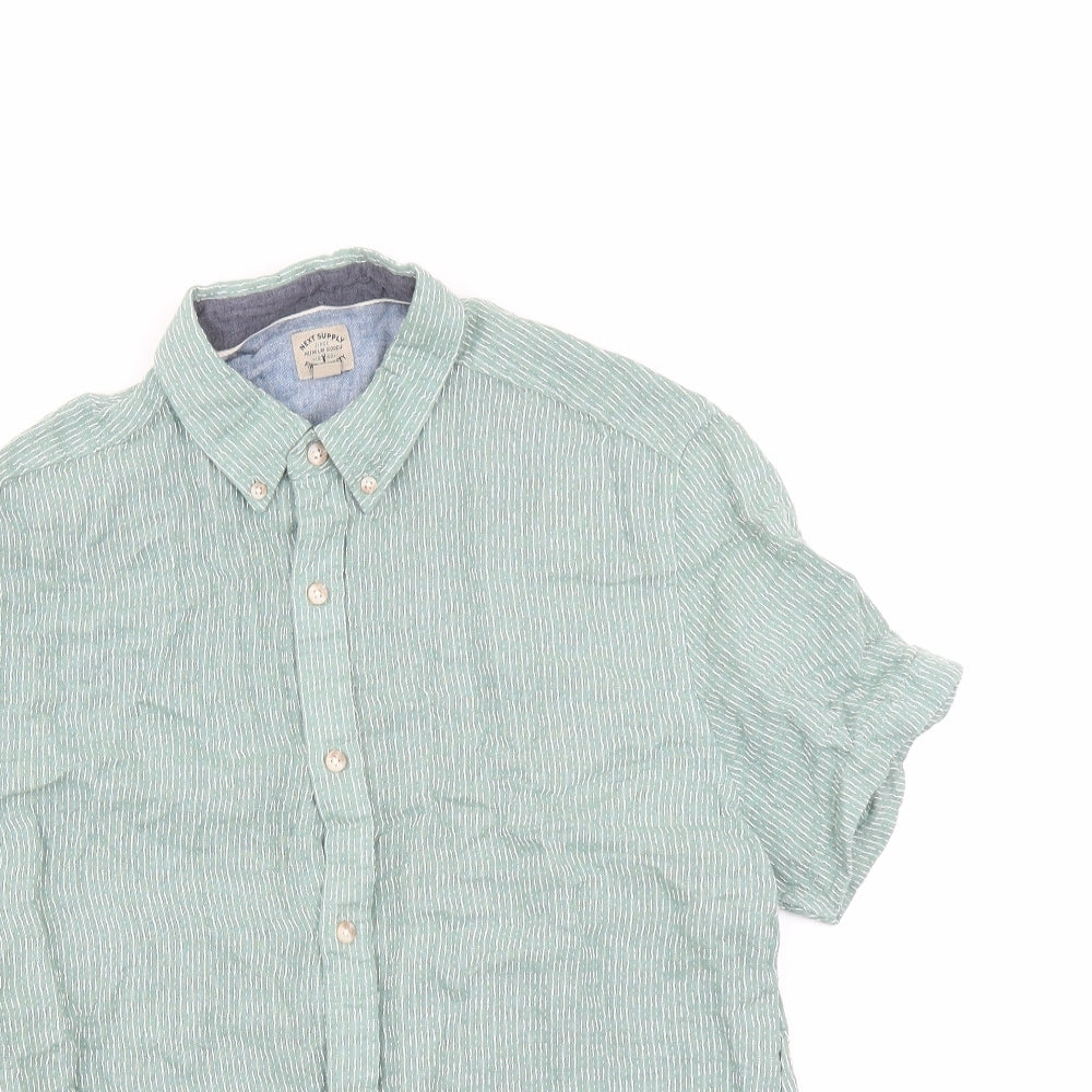 NEXT Mens Green Geometric Linen Button-Up Size L Collared Button
