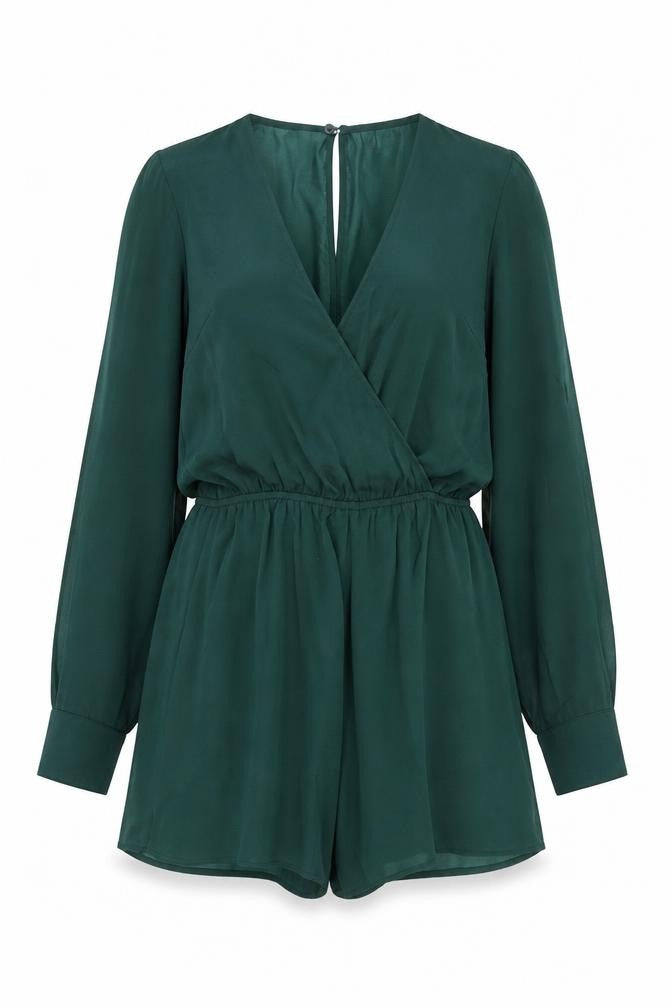 Front view of Divided by H&M women’s green polyester playsuit one-piece, size UK 8, button