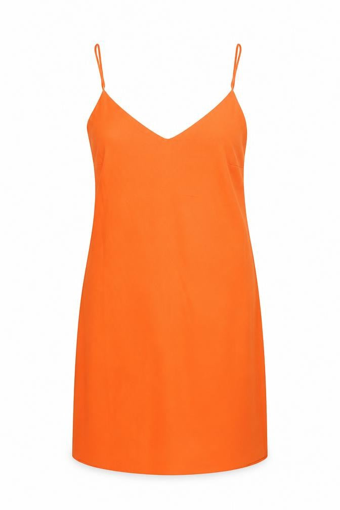 Front view of Missguided women’s orange polyester slip dress, size UK 10, v-neck pullover