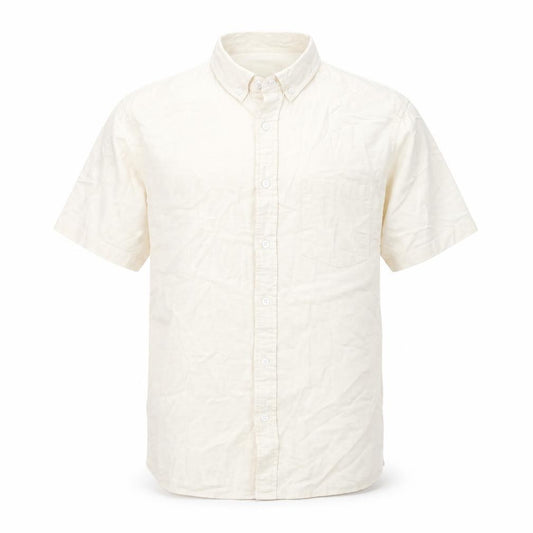 Front view of ASOS men’s beige cotton button-up, size M, collared button