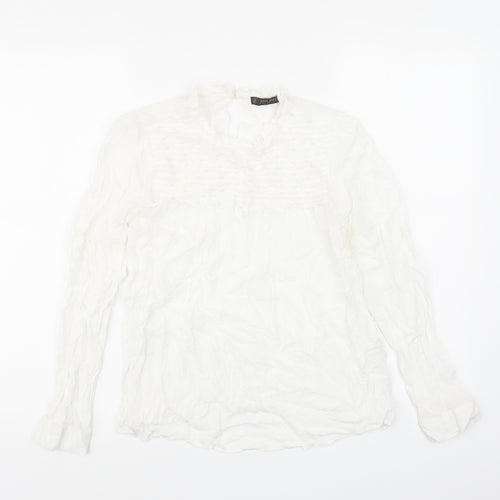 Zara Womens White Viscose Basic Blouse Size M Round Neck - Beaded Detail