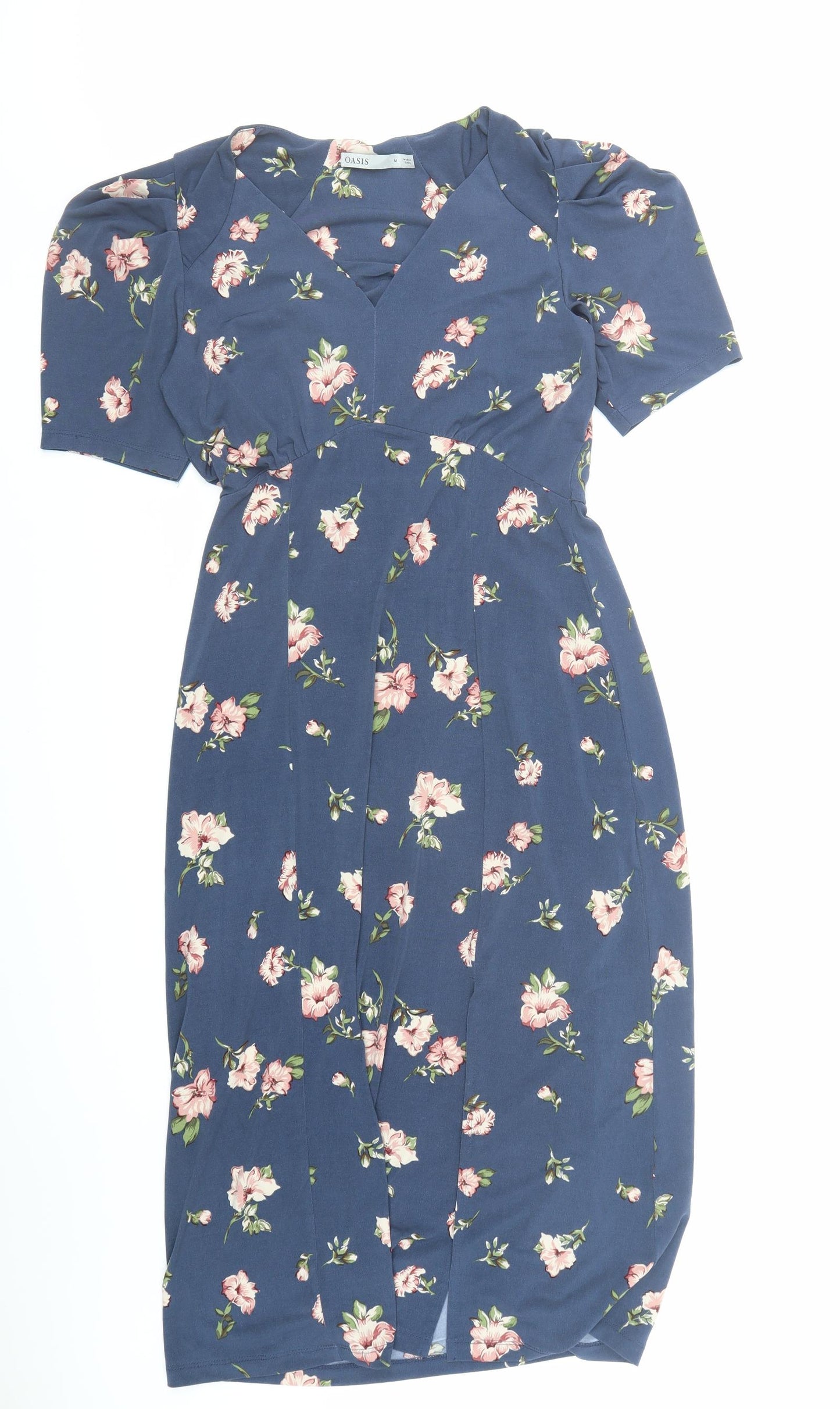 Oasis Womens Blue Floral Polyester A-Line Size M V-Neck Pullover - Side Split Detail