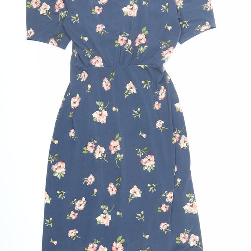 Oasis Womens Blue Floral Polyester A-Line Size M V-Neck Pullover - Side Split Detail
