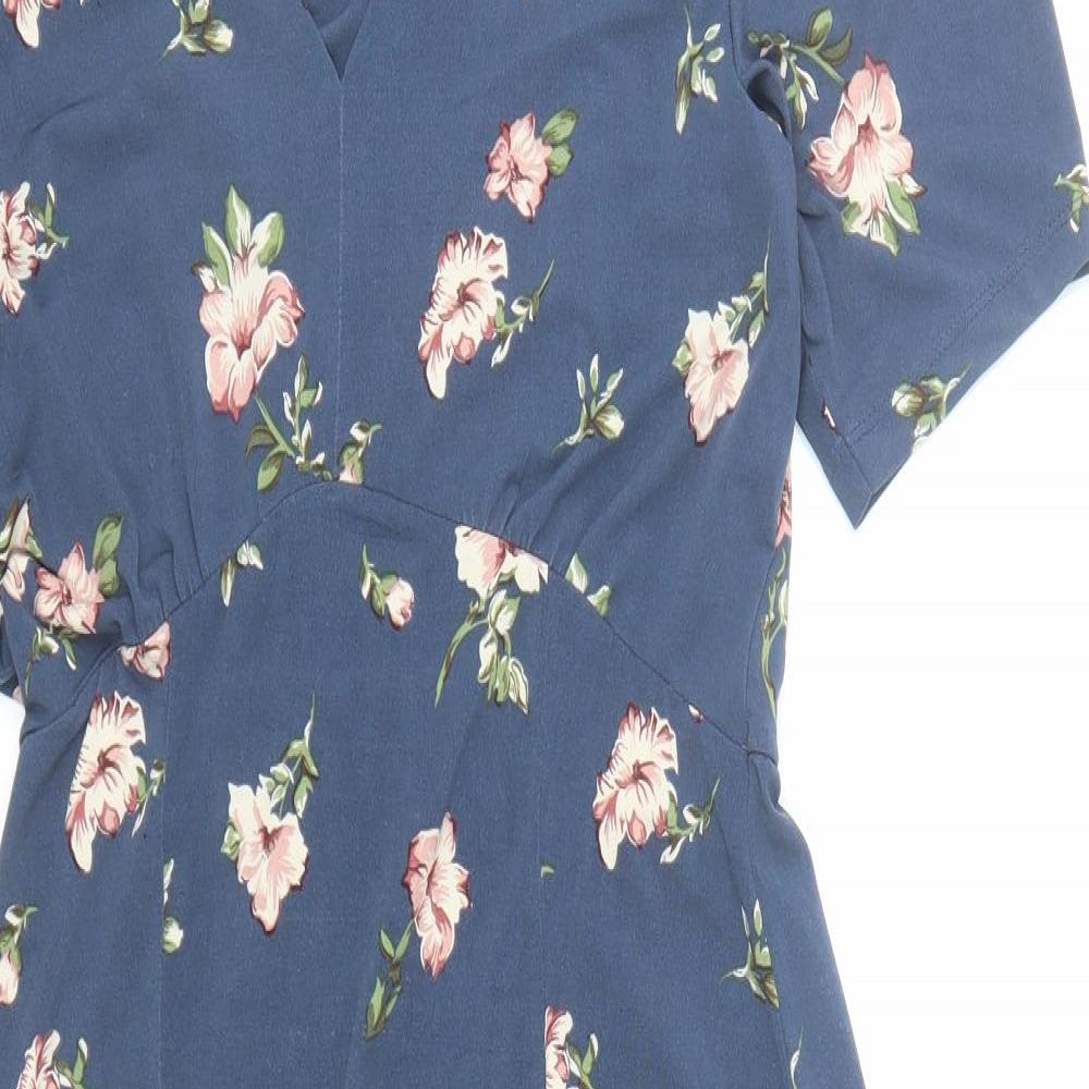 Oasis Womens Blue Floral Polyester A-Line Size M V-Neck Pullover - Side Split Detail