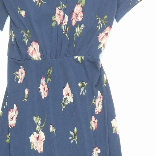 Oasis Womens Blue Floral Polyester A-Line Size M V-Neck Pullover - Side Split Detail