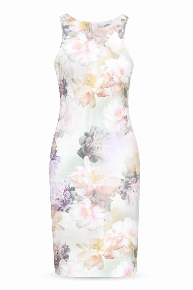 Front view of New Look women’s multicoloured floral polyester bodycon, size UK 8, round neck zip