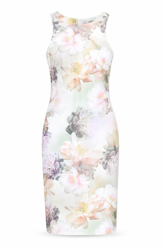 Front view of New Look women’s multicoloured floral polyester bodycon, size UK 8, round neck zip