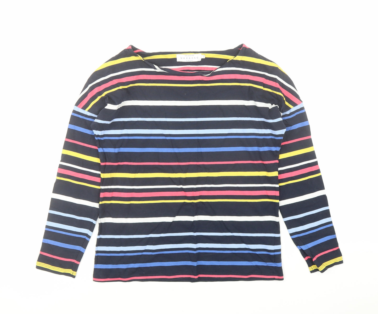 John Lewis Womens Blue Striped 100% Cotton Basic T-Shirt Size 8 Boat Neck