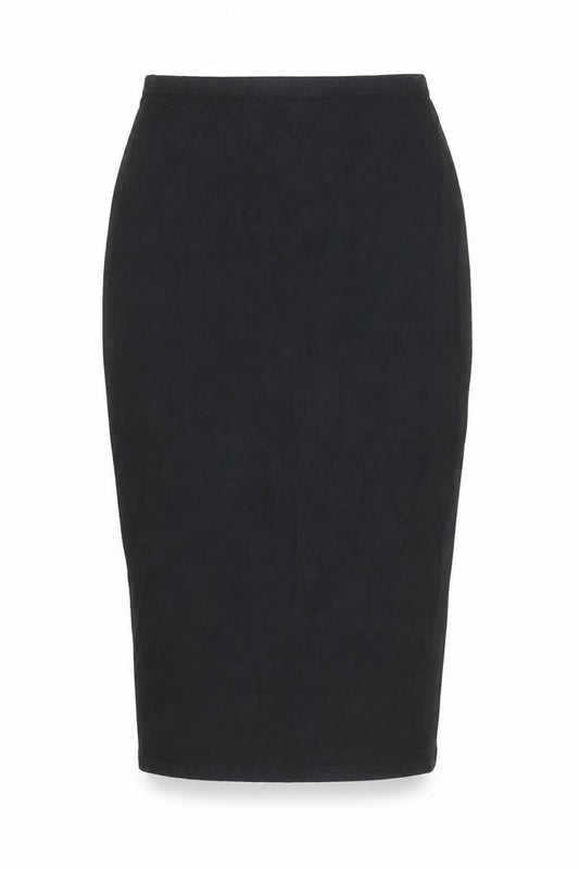Front view of Boohoo women’s black viscose bandage skirt, size UK 6, - elasticated waist
