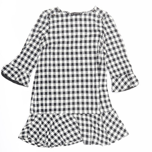 Zara Womens Black Check Polyester A-Line Size M Round Neck Button