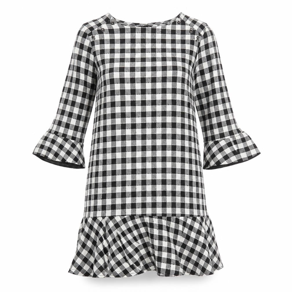 Front view of Zara women’s black check polyester a-line, size M, round neck button