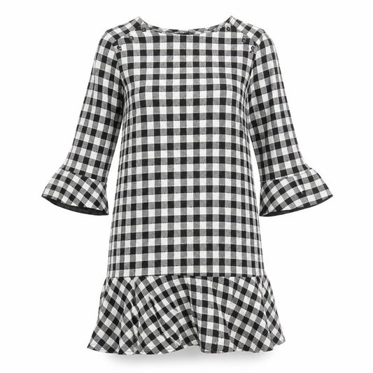Front view of Zara women’s black check polyester a-line, size M, round neck button